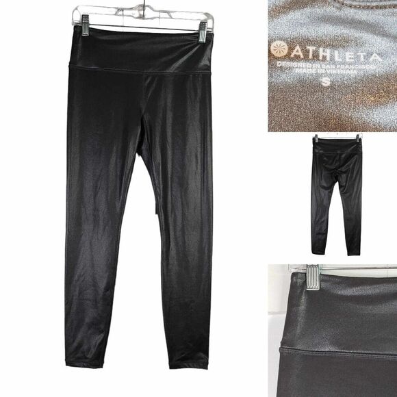Athleta Leggings Pants Womens Size Small Metallic Mid Rise Stretch Black - Picture 1 of 8